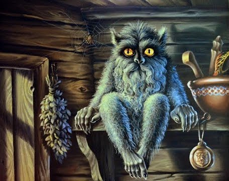 a painterly illustration of a hairy little house spirit with a long grey bard and big yellow eyes