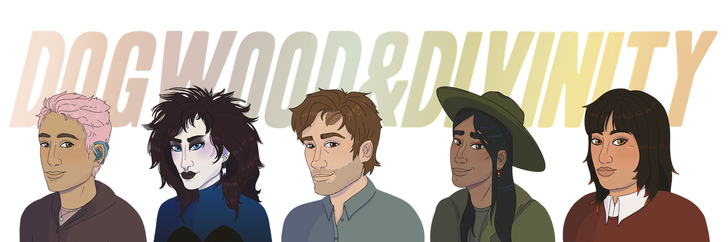 A banner that shows bust portraits of the five demigods overlaid on rainbow text that reads 'Dogwood & Divinity'