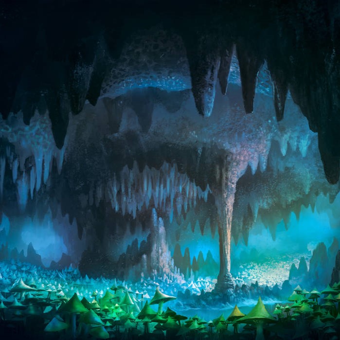 A digital painting of an underground cavern filled with stalactite and stalagmites, glowing mushrooms, and a pool of water