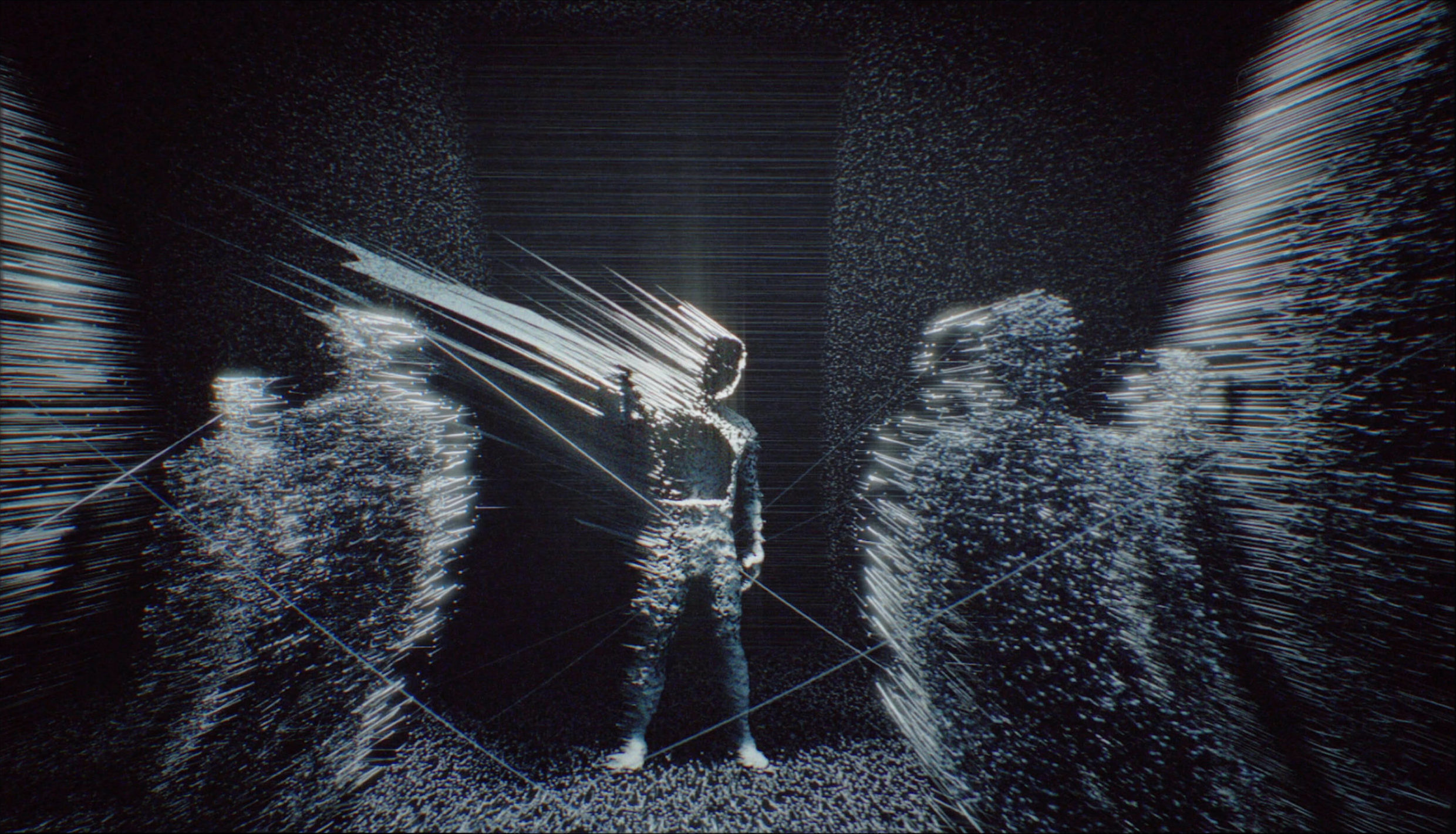 an action scene rendered in glowing points and threads of lights, with a figure in the centre representing Thomas