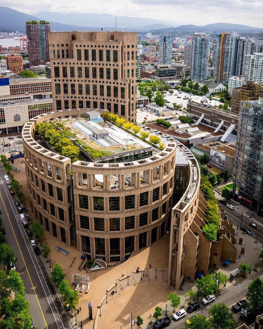 Birds' eye view photograph of Vancouver Public Library and its rooftop park in early spring