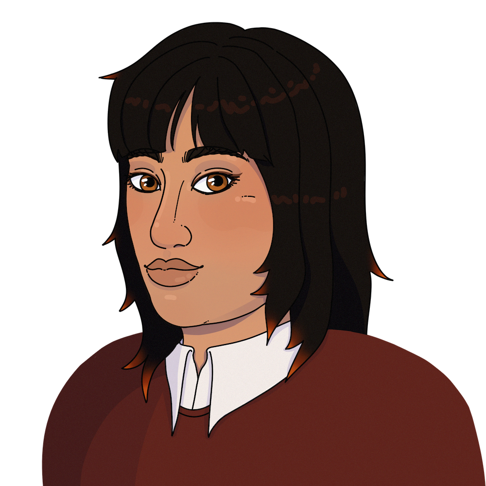 Portrait of Alexandra, a fat Mexican woman with light brown skin, amber eyes, and dark hair with flame-like orange tips