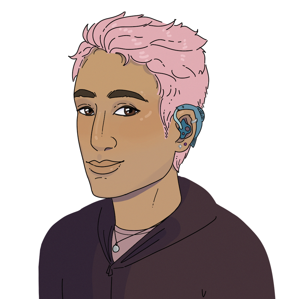 Portrait of Dee, a non-binary Greek person with olive skin, short pink hair, and hearing aids shaped like fish