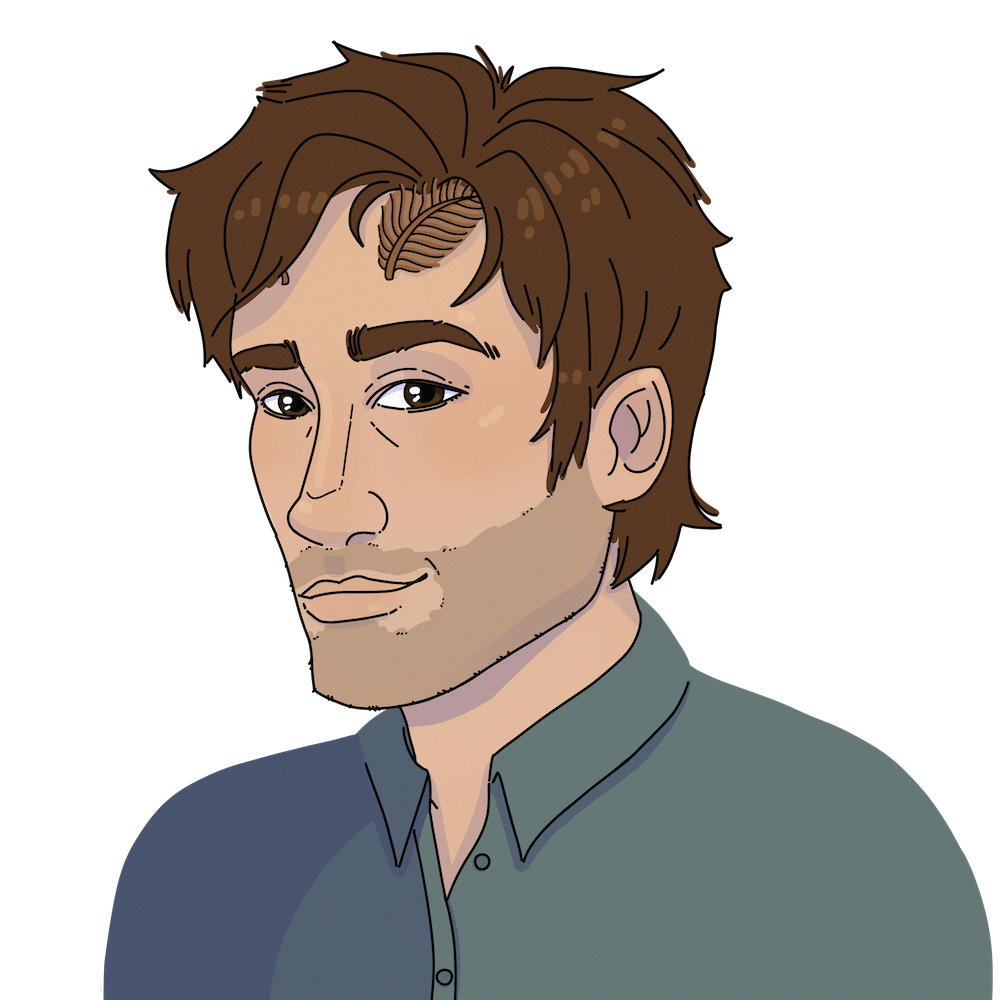 Portrait of Thomas, a white man with messy brown hair, scruffy facial hair, and a small pair of moth-like antenna