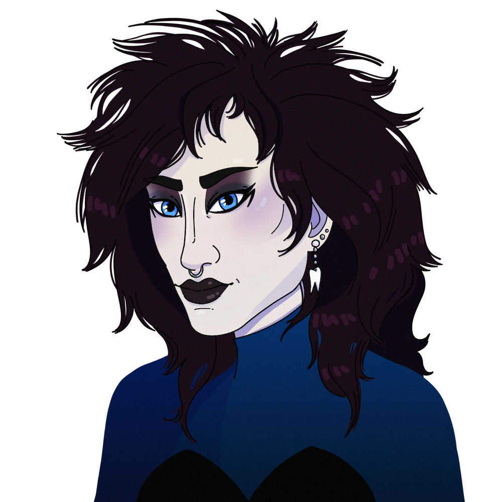 Portrait of Weave, a very pale white woman with bright blue eyes, black-purple hair in a bats nest style, and traditional goth makeup